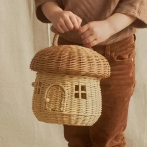 Handcrafted Mushroom Rattan Picnic Basket with Handle for Kids Outdoor Activities and Toy Storage