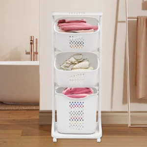 Large White Rolling Wicker Laundry Hamper with Compartments for Bedroom and Dormitory Storage