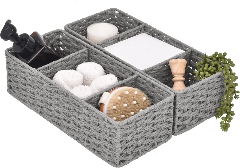 Round 3-Section Hand-Woven Paper Rope Storage Baskets for Shelf Organization - Image 2