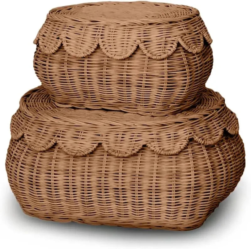 Handcrafted Round Rattan Basket Set with Lids - Small Scalloped Wicker Storage Containers for Home Organization - Image 8