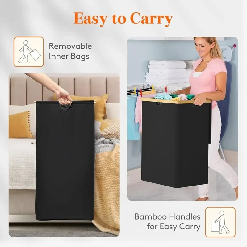 Extra Large Modern Bamboo Laundry Hamper with Lid Double Section Organizer with Handles for Home Storage - Image 5