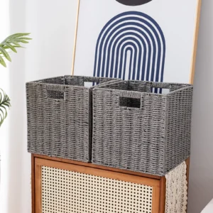 Large Square Hand-Woven Wicker Storage Baskets with Handles for Home Organization and Bedroom Decor