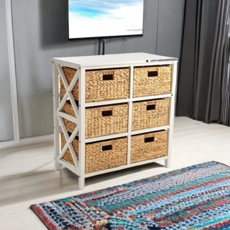 Three-Tier White Wooden Storage Cabinet with 6 Water Hyacinth Wicker Baskets for Bedroom Organization - Image 6