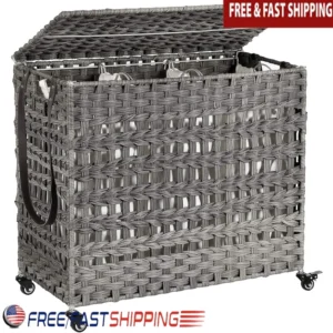 Triple Compartment Rattan-Style Laundry Hamper with Lid and Wheels for Home Organization