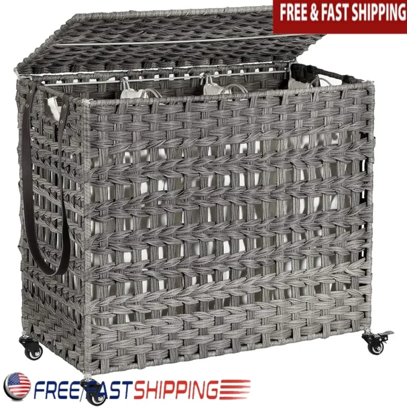 Triple Compartment Rattan-Style Laundry Hamper with Lid and Wheels for Home Organization