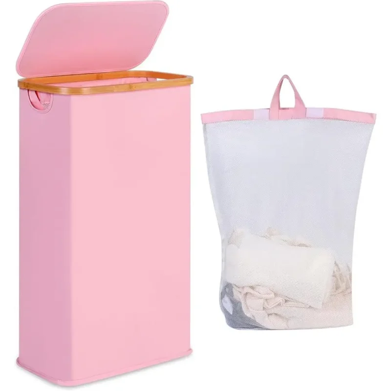 Slim Wicker Laundry Hamper with Lid and Handles for Narrow Spaces and Bathroom Storage - Image 2