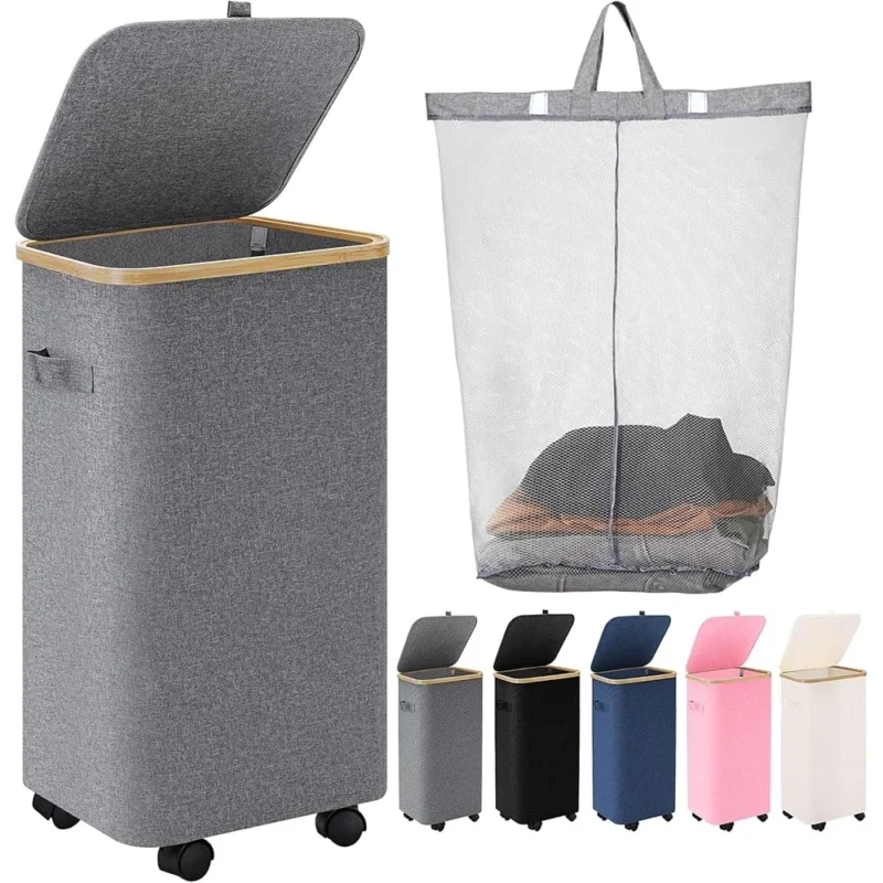 Large Rolling Bamboo Laundry Hamper with Lid and Wheels for Bedroom and Bathroom Storage - Image 2