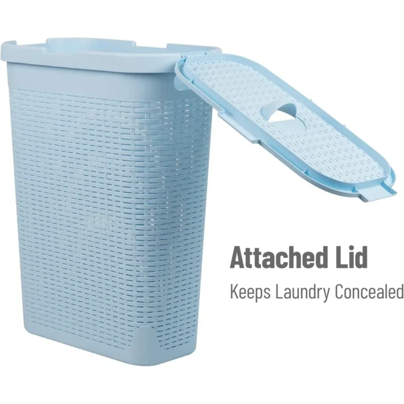 Slim Baby Blue Wicker-Style Laundry Hamper with Lid for Bathroom Storage Organization 40L - Image 5