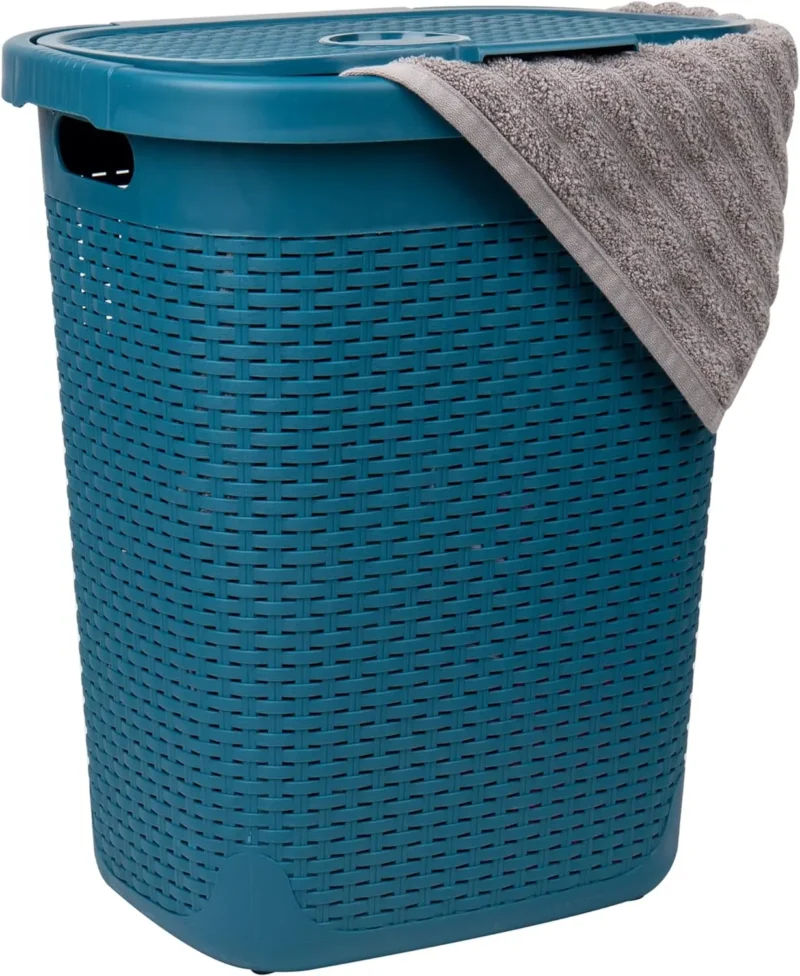 Large Slim Wicker-Design Plastic Laundry Hamper with Lid for Bedroom and Bathroom Storage - Image 7