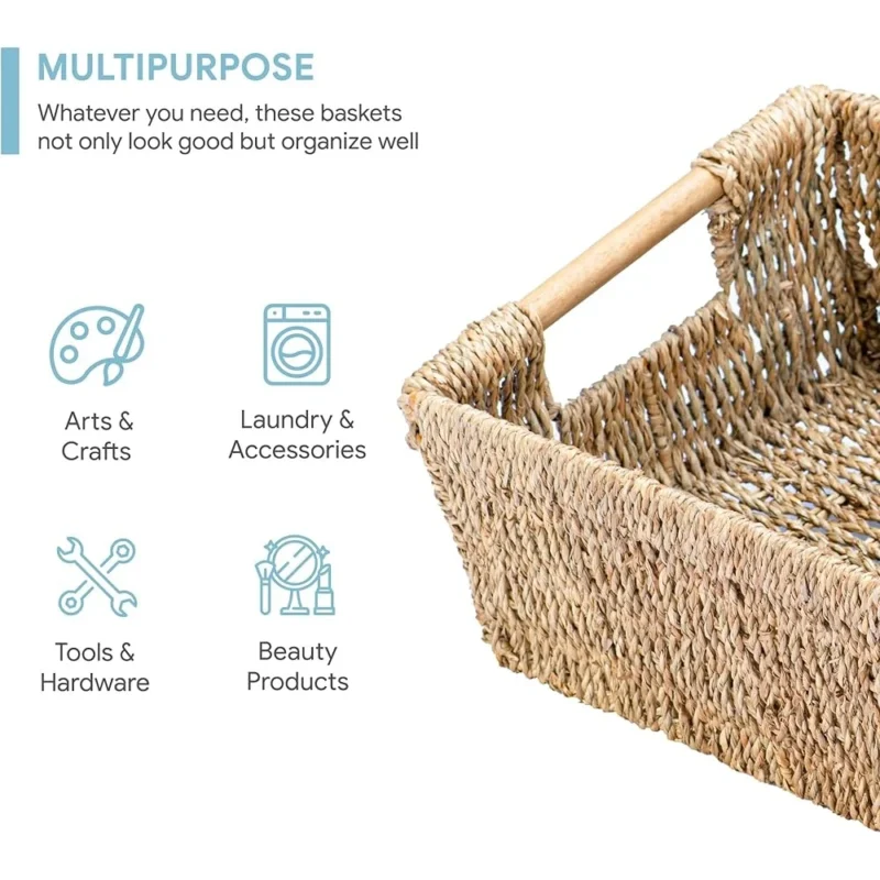 Medium Rectangular Seagrass Wicker Storage Basket with Handles for Home Organization and Decor - Image 3