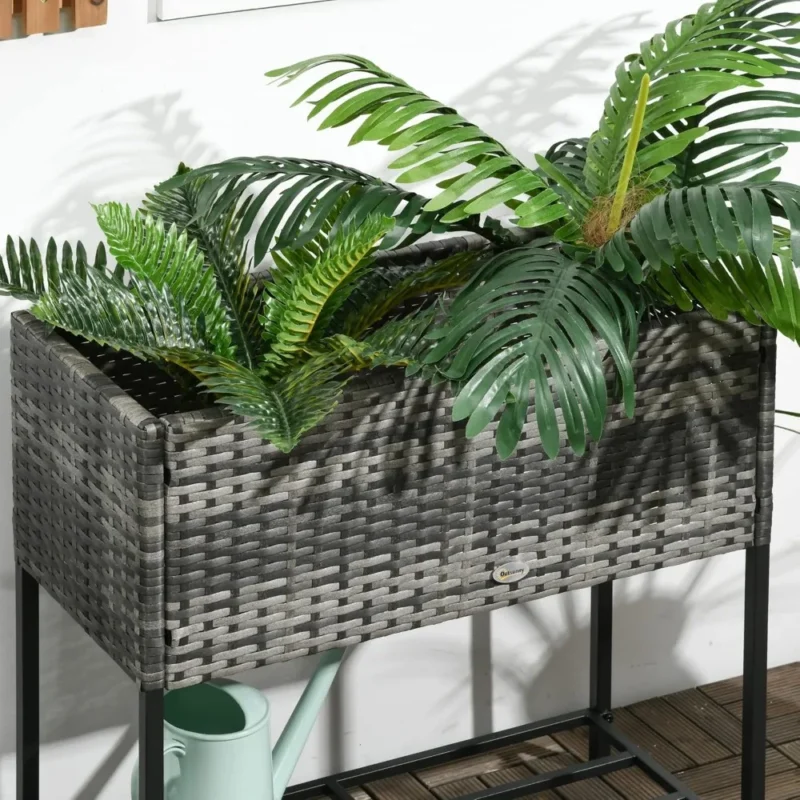 Round Gray Rattan Elevated Planter Box with Storage Shelf for Herbs, Vegetables and Flowers - Image 5