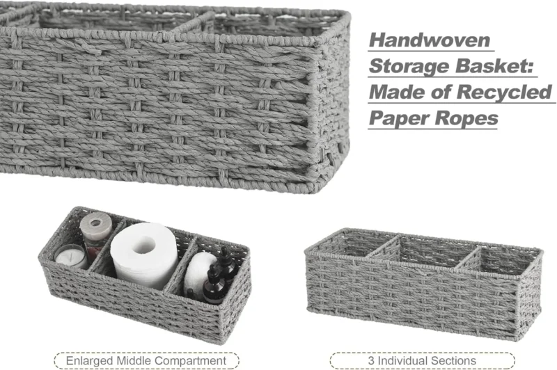 Round 3-Section Hand-Woven Paper Rope Storage Baskets for Shelf Organization