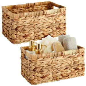 Small Rectangular Water Hyacinth Storage Baskets with Handles for Shelf Organization (Set of 2)