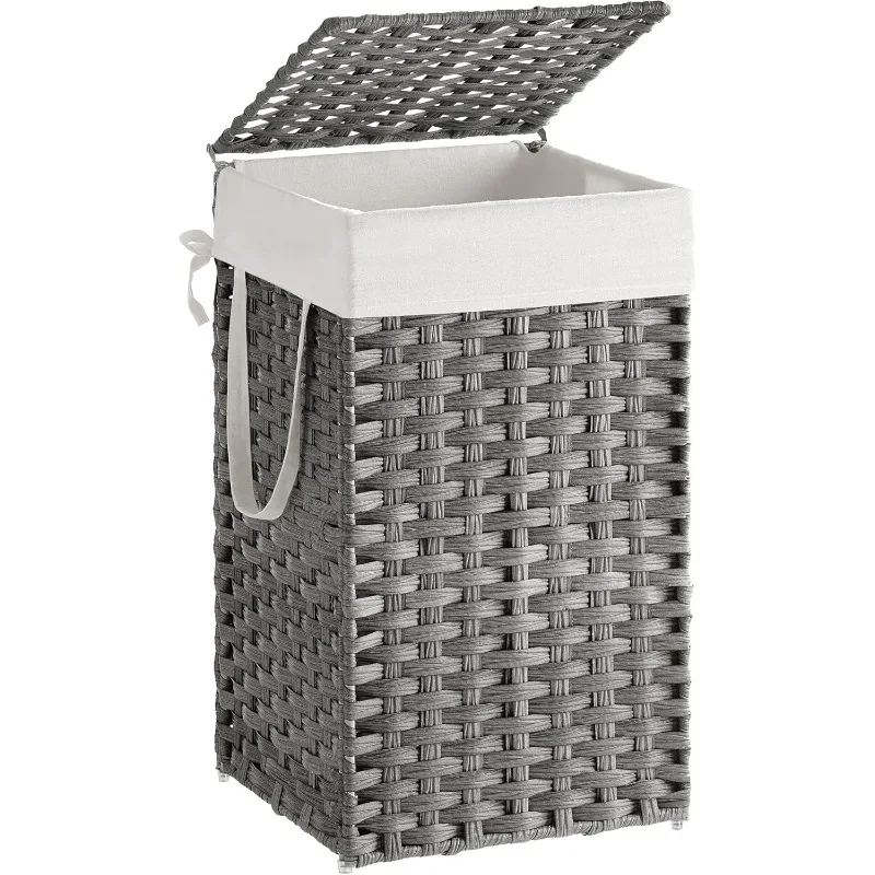 A stylish wicker hamper with lid bringing organization and calm to the laundry routine