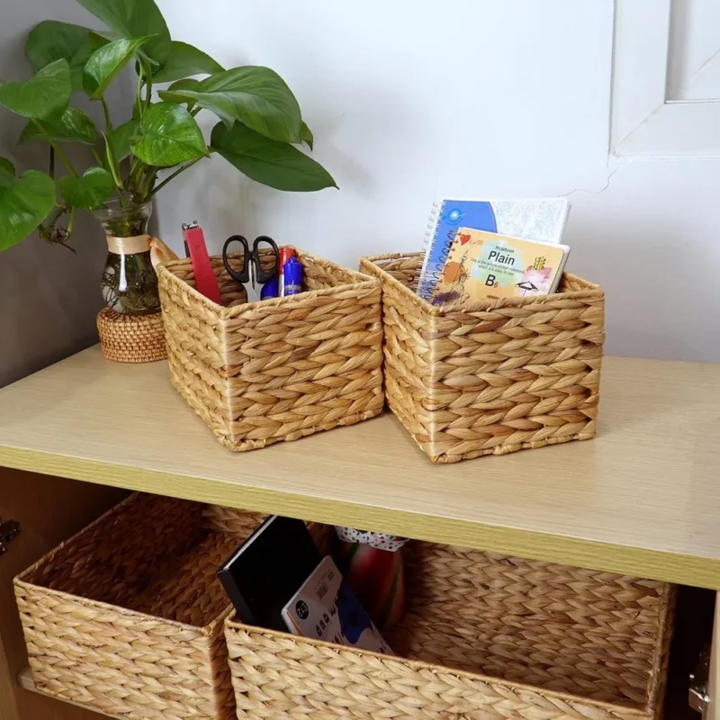 Rectangle Water Hyacinth Storage Baskets Set of 4 with Handles for Home Organization Bedroom Kitchen - Image 5
