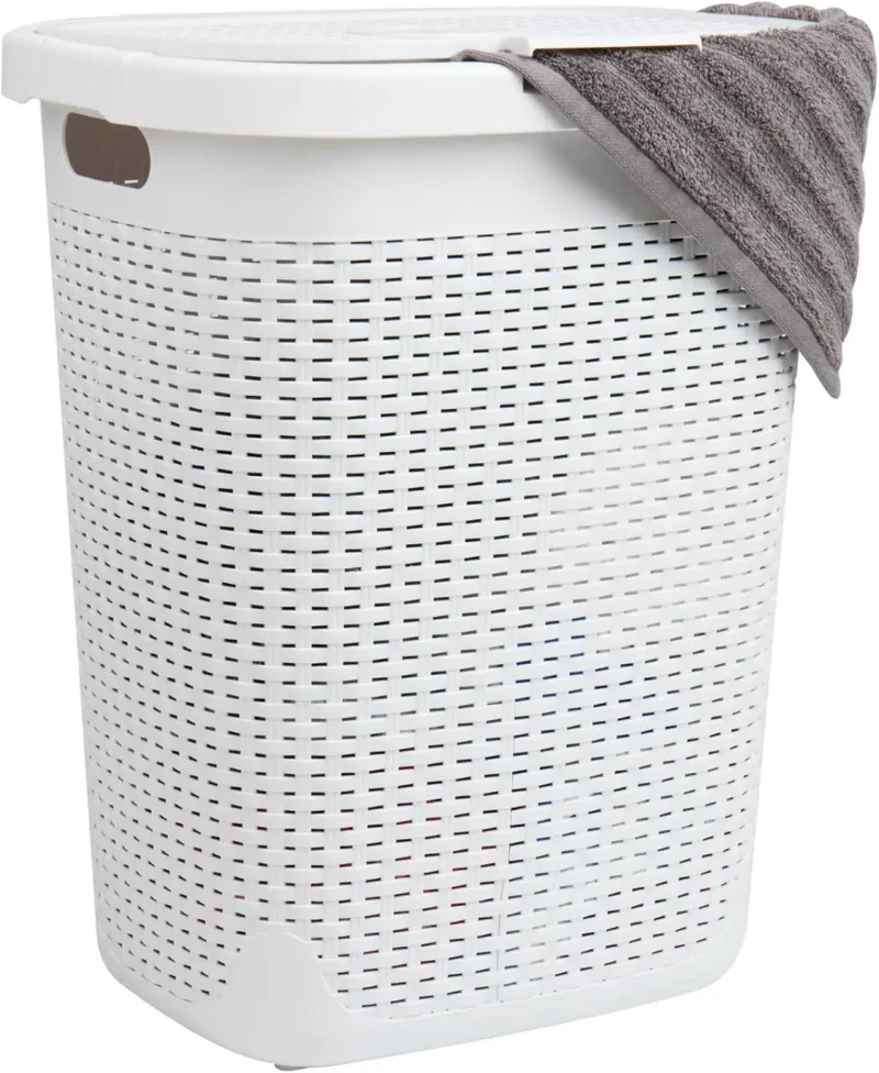Large Slim Wicker-Design Plastic Laundry Hamper with Lid for Bedroom and Bathroom Storage - Image 11