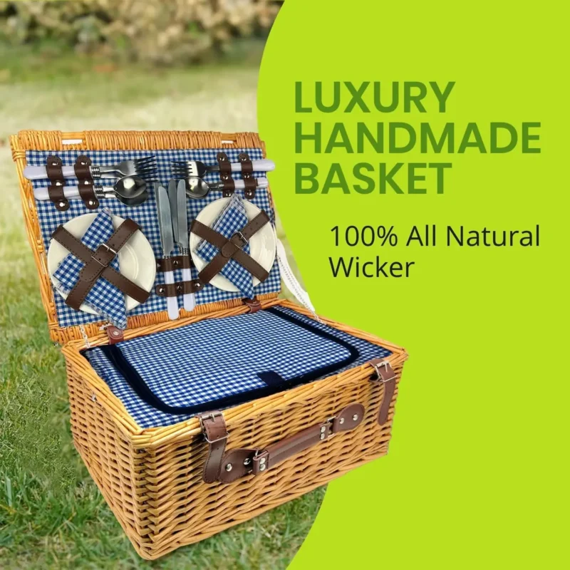 Insulated Wicker Picnic Basket with Handles and Complete Dinnerware Set for Outdoor Dining - Image 4