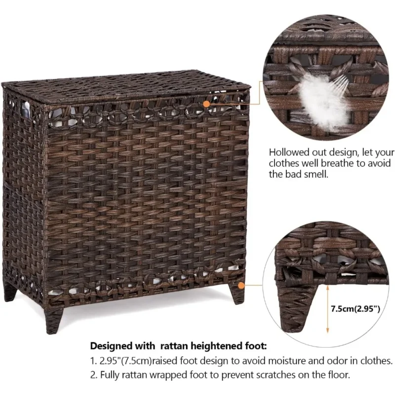 Large Handwoven Rattan Laundry Hamper with Lid and 3 Removable Liner Bags for Bathroom Organization - Image 5