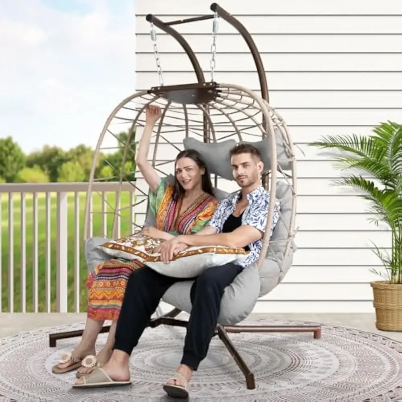 Extra Large Double Hanging Egg Chair with Stand Wicker Patio Swing Basket for Two Adults - Image 14