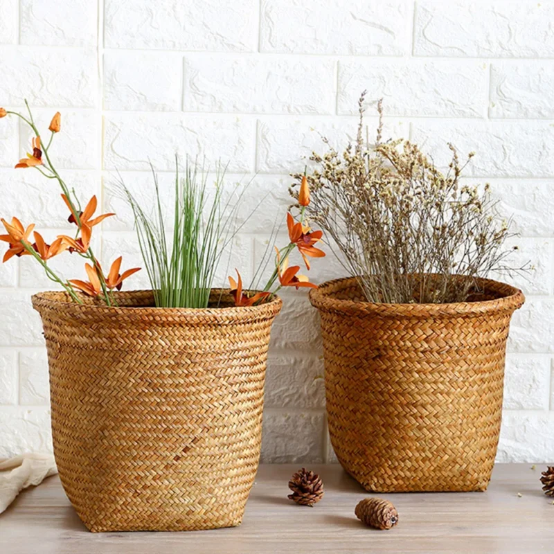Handwoven Natural Wicker Waste Basket with Seagrass Accents for Bathroom Office Storage - Image 2