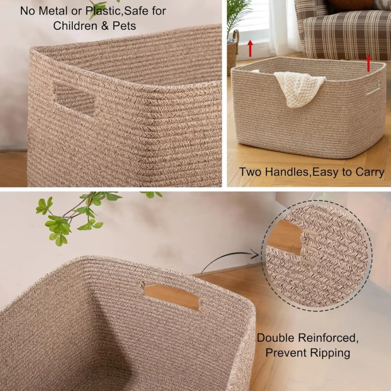 Large Cotton Rope Woven Storage Basket with Handle for Blankets and Home Organization - Image 3