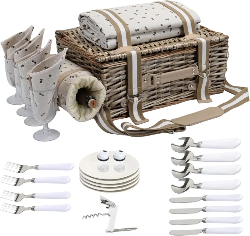 Large Wicker Picnic Basket Set with Insulated Liner and Waterproof Blanket for 4 People Outdoor Dining - Image 4