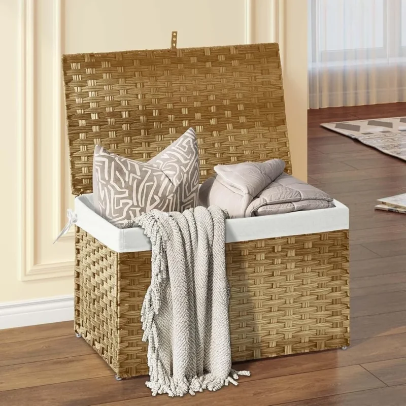 Large Handwoven Wicker Storage Basket with Lid and Cotton Liner for Home Organization - Image 3