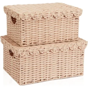 Handcrafted Cream Scalloped Wicker Storage Basket with Removable Tray Lid for Home Organization