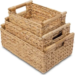 Natural Water Hyacinth Wicker Storage Basket Set with Wooden Handles for Home Organization