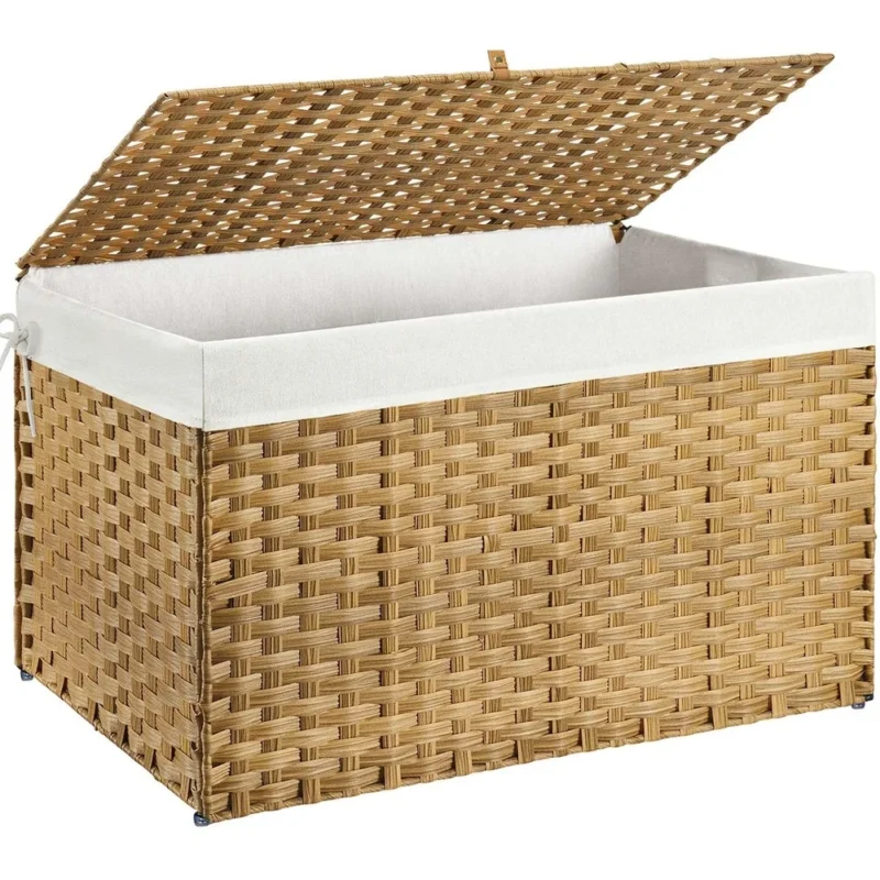 Large Handwoven Wicker Storage Basket with Lid and Cotton Liner for Home Organization - Image 2
