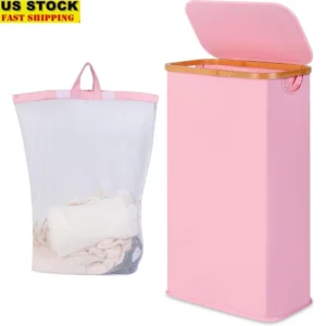 Slim Wicker Laundry Hamper with Lid and Handles for Narrow Spaces and Bathroom Storage