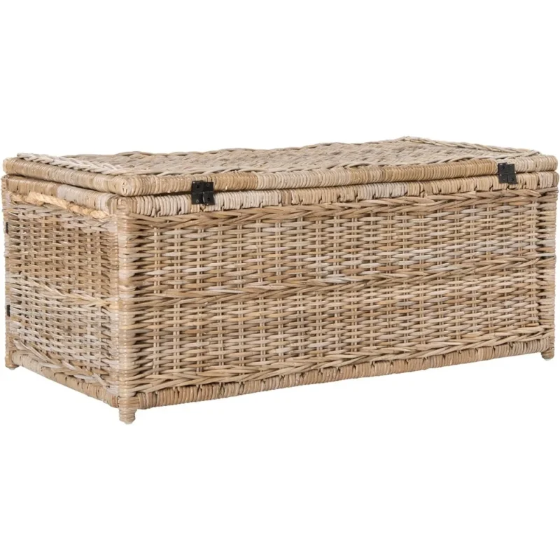 Large Collapsible Gray Rattan Storage Trunk with Lid for Home Office Organization - Image 5