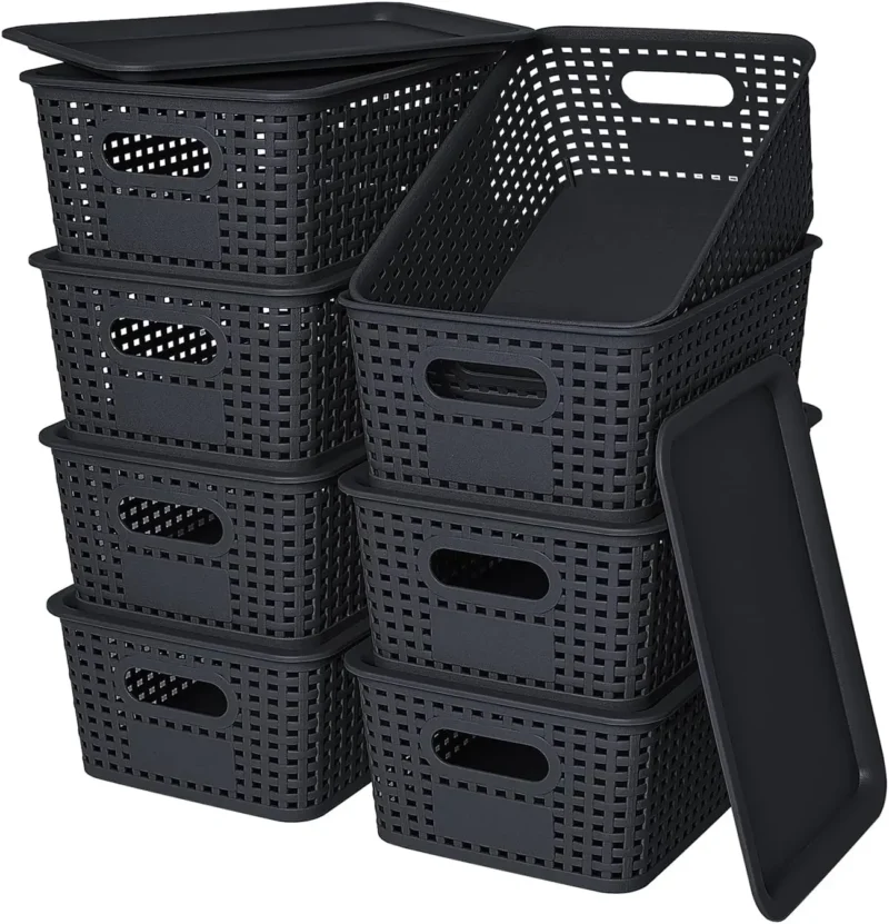 Stackable Plastic Storage Baskets with Lid for Shelf Organization and Home Storage - Image 7