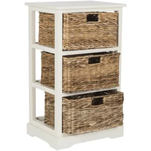 Rustic Distressed Wood Side Table with 3 Wicker Storage Baskets for Living Room Organization