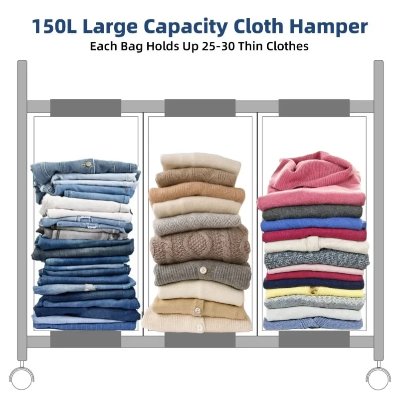Multi-section rolling laundry hamper with wheels for easy transport
