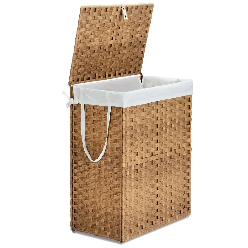 Modern wicker storage basket with lid perfect for maintaining a tidy neutral space
