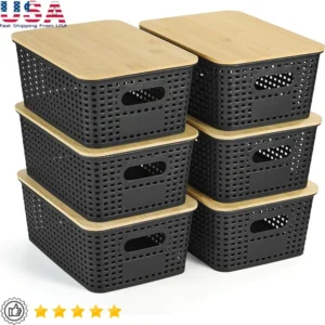 Stackable Woven Storage Baskets with Bamboo Lid for Home Office Kitchen Organization