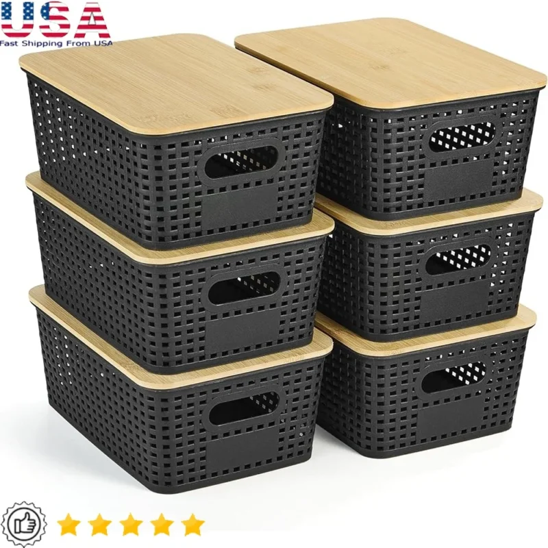 Stackable Woven Storage Baskets with Bamboo Lid for Home Office Kitchen Organization