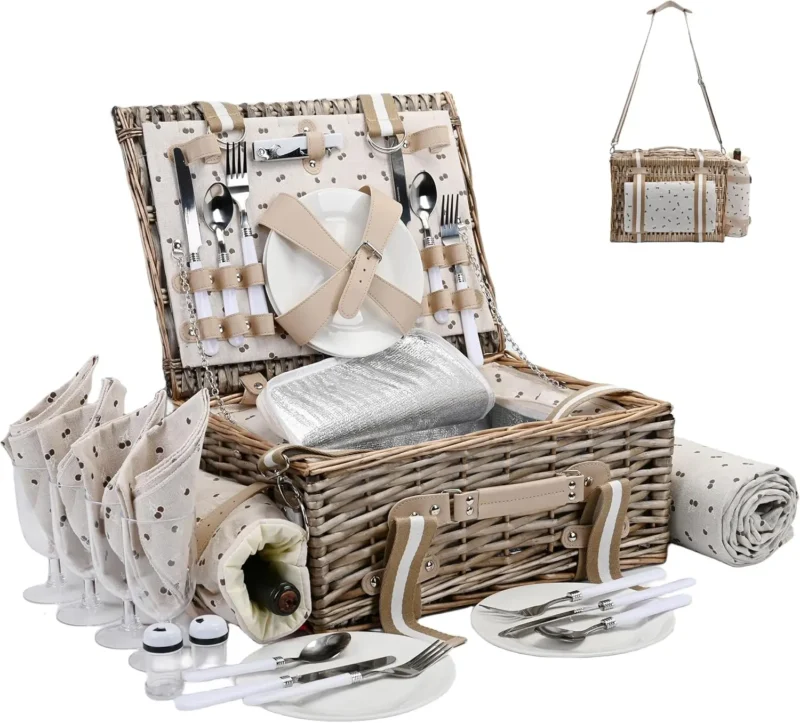 Large Wicker Picnic Basket Set with Insulated Liner and Waterproof Blanket for 4 People Outdoor Dining - Image 6