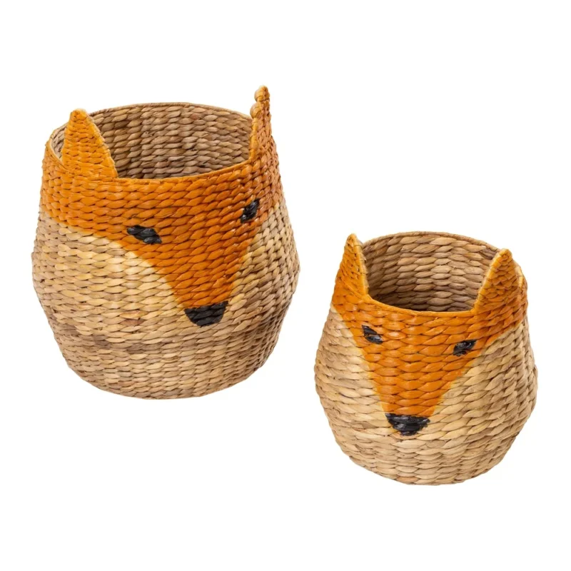 Adorable Fox Shaped Wicker Storage Basket Set with Handles for Kids Room Toy Organization - Image 5