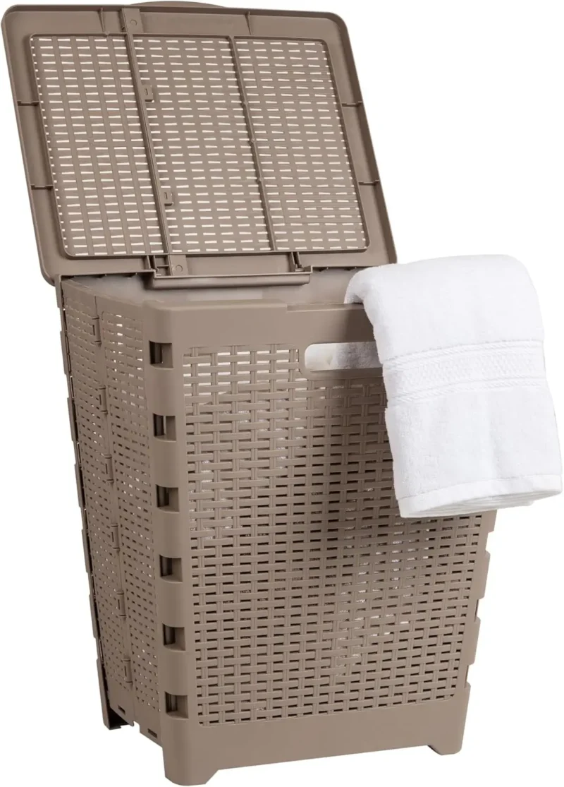 Large 61L Foldable Wicker-Design Plastic Laundry Hamper with Lid for Bathroom and Bedroom Storage - Image 12
