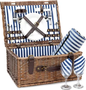 Handcrafted Wicker Picnic Basket for 2 with Waterproof Blanket and Sand-Proof Mat