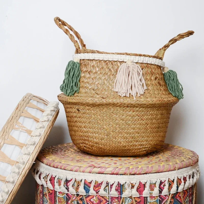 Small White Seagrass Storage Basket with Handles for Home Organization and Plant Display - Image 2
