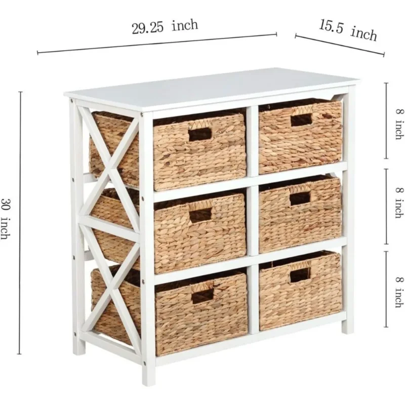 Three-Tier White Wooden Storage Cabinet with 6 Water Hyacinth Wicker Baskets for Bedroom Organization - Image 3
