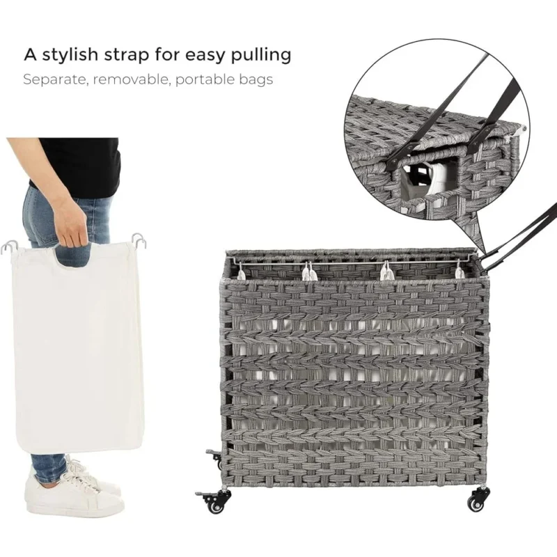 Triple Compartment Rattan-Style Laundry Hamper with Lid and Wheels for Home Organization - Image 4