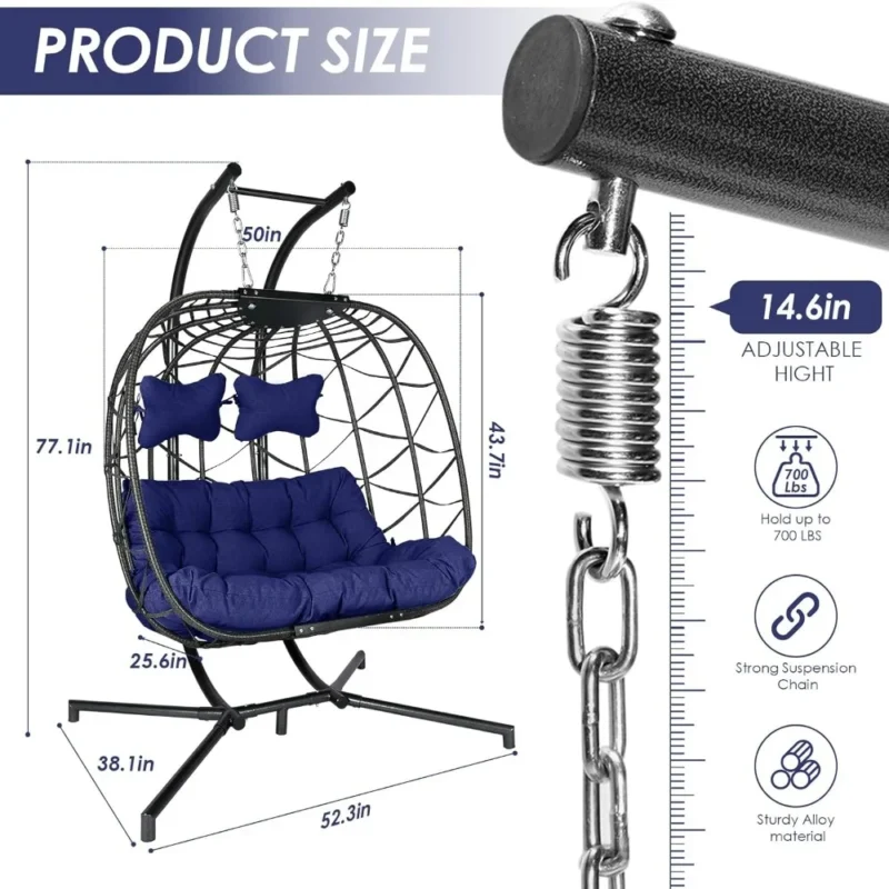 Extra Large Double Hanging Egg Chair with Stand Wicker Patio Swing Basket for Two Adults - Image 5