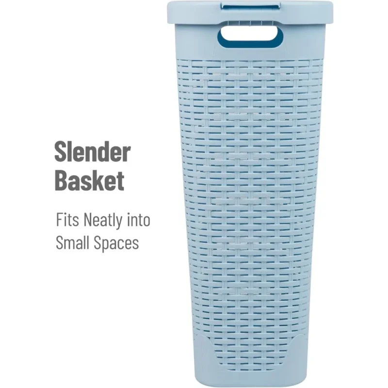 Slim Baby Blue Wicker-Style Laundry Hamper with Lid for Bathroom Storage Organization 40L - Image 6