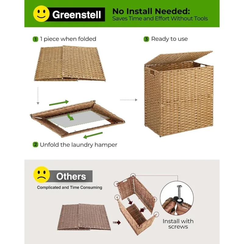 Large Rectangular Wicker Laundry Hamper with Lid and Removable Liners for Bedroom Bathroom Storage - Image 6