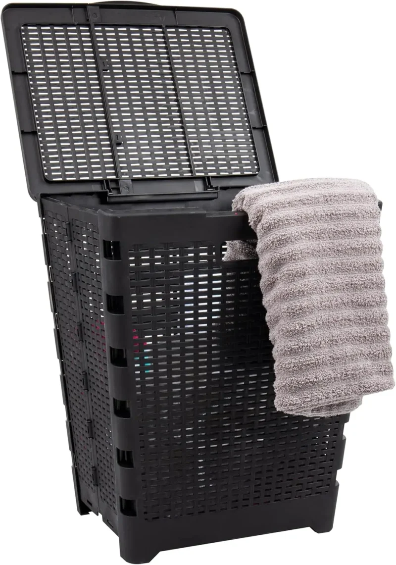 Large 61L Foldable Wicker-Design Plastic Laundry Hamper with Lid for Bathroom and Bedroom Storage - Image 8