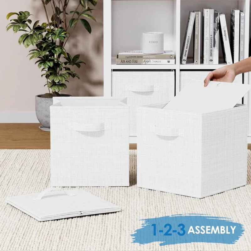 Premium Fabric Storage Cubes 8-Pack White-Grey Collapsible Bins with Handles for Cube Organizer Shelves - Image 6